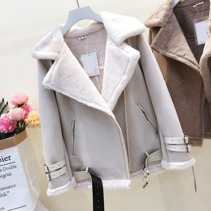 Yuxinfeng Winter Suede Lambs Wool Jacket Female High Streetwear Casual Plus Cashmere Thicken Warm Long Sleeve Fur Suede Coats
