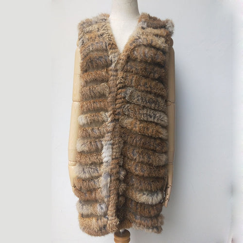 2019 Autumn Female Knitted Real Rabbit Fur Vest Fashion Women V-Neck Genuine Fur Gliet Sleeveless Ladies Outwear Casual