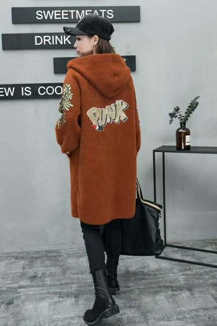 Womens Faux Fur Coat 2019 Fashion Female Long Printed Letter Overcoat Hooded Jacket Autumn Winter Full Sleeve Warm Casual