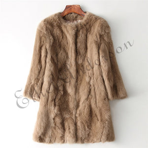 Ethel Anderson 100% Real Rabbit Fur Coat Women's O-Neck Long Rabbit Fur Jacket 3/4 Sleeves Vintage Style Leather Fur Outwear