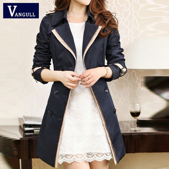 Vangull 2019 Fashion Women Thin Trench Coat Turn-down Collar Double Breasted Patchwork Long Trench Coat Slim Plus Size Wind coat