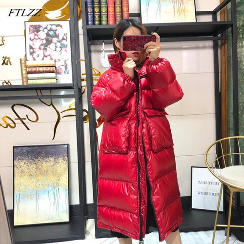 FTLZZ 2019 Women Long Down Coat Winter Warm Coat Long Sleeve White Duck Down Parka Stand Collar Outwear Zipper Pocket Jacket