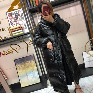FTLZZ 2019 Women Long Down Coat Winter Warm Coat Long Sleeve White Duck Down Parka Stand Collar Outwear Zipper Pocket Jacket