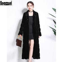 Load image into Gallery viewer, Nerazzurri Runway faux fur coats 2019 women winter long fake fur black Pleated plus size sheared mink fur overcoat 5xl 6xl 7xl