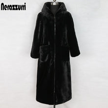 Load image into Gallery viewer, Nerazzurri long winter faux fur coat with hood long sleeve zipper black furry fake rabbit fur outwear plus size shealing jacket