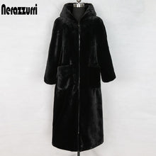 Load image into Gallery viewer, Nerazzurri long winter faux fur coat with hood long sleeve zipper black furry fake rabbit fur outwear plus size shealing jacket