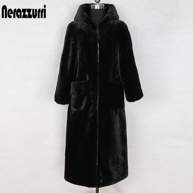 Nerazzurri long winter faux fur coat with hood long sleeve zipper black furry fake rabbit fur outwear plus size shealing jacket