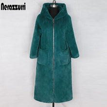 Load image into Gallery viewer, Nerazzurri long winter faux fur coat with hood long sleeve zipper black furry fake rabbit fur outwear plus size shealing jacket