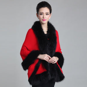Fashion Autumn Winter Women Faux Fur Coat Leather Grass Fox Fur Collar Ponchos And Capes Lady Shawl Cape Wool Fur Coat