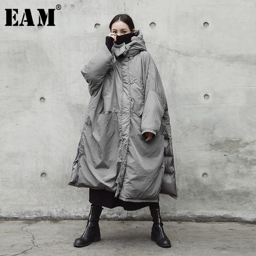 [EAM]  Hooded Cotton-padded Gray Oversize Long Warm Coat Long Sleeve Loose Fit Women Parkas Fashion Autumn Winter 2020 JE02002