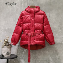 Load image into Gallery viewer, Fitaylor Winter Ultra Light Women Down Jacket Warm White Duck Down Hooded Parkas Female Single Breasted Snow Outerwear With Belt