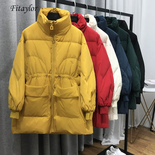 Fitaylor Winter White Duck Down Parka Loose Medium Long Breadwear Stand Collar Zipper Down Jackets Female Big Pocket Outwear