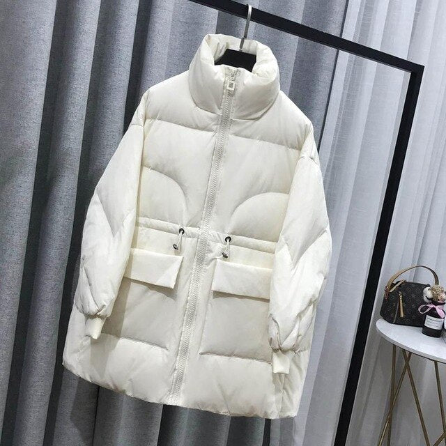 Fitaylor Winter White Duck Down Parka Loose Medium Long Breadwear Stand Collar Zipper Down Jackets Female Big Pocket Outwear