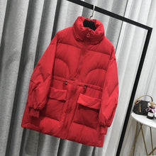 Load image into Gallery viewer, Fitaylor Winter White Duck Down Parka Loose Medium Long Breadwear Stand Collar Zipper Down Jackets Female Big Pocket Outwear
