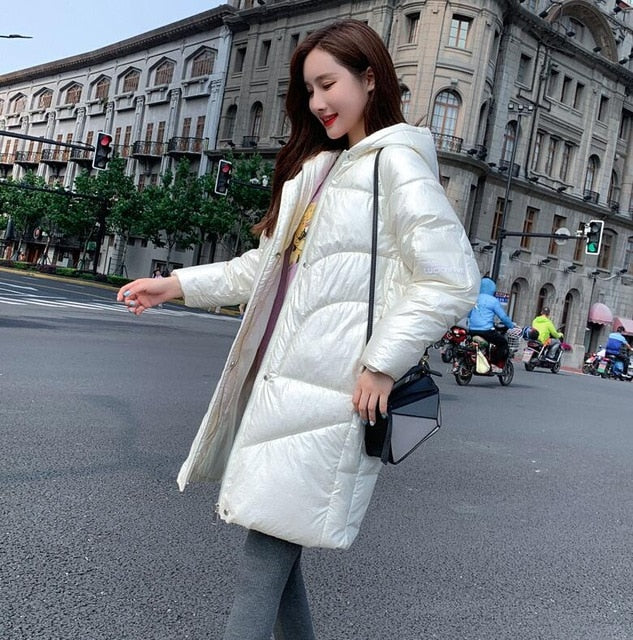 Orwindny Thicken Warm Long Jacket Waterproof Winter Jacket Women Bright Surface Women's Down Cotton Jacket Coat Hooded Parkas