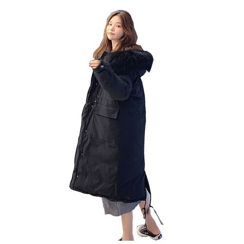 Chic Fur Coat Hooded Winter Down Coat Oversized Warm Jacket Long Slim Women Cotton padded Wadded Parkas female jacket
