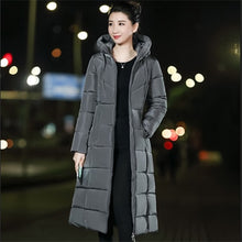 Load image into Gallery viewer, Long Hooded Thicker Down Coat Women Winter Casual Zipper Jackets Female Vogue Elegant Outwears M-6XL Plus Size Synthetic Feather