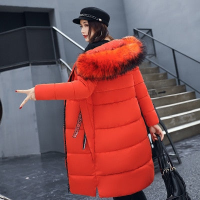 Winter Hooded Thicken Down Coat Women Long Warm Slim Down Jackets Vogue Letter Long Sleeve Zipper Outwear Ladies Faux Fur Collar