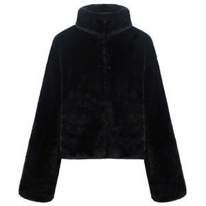 Fashion Women Winter Solid Color Fluffy Coat Stand Collar Long Sleeve Concealed Button Faux Fur Thick Short Jacket Streetwear