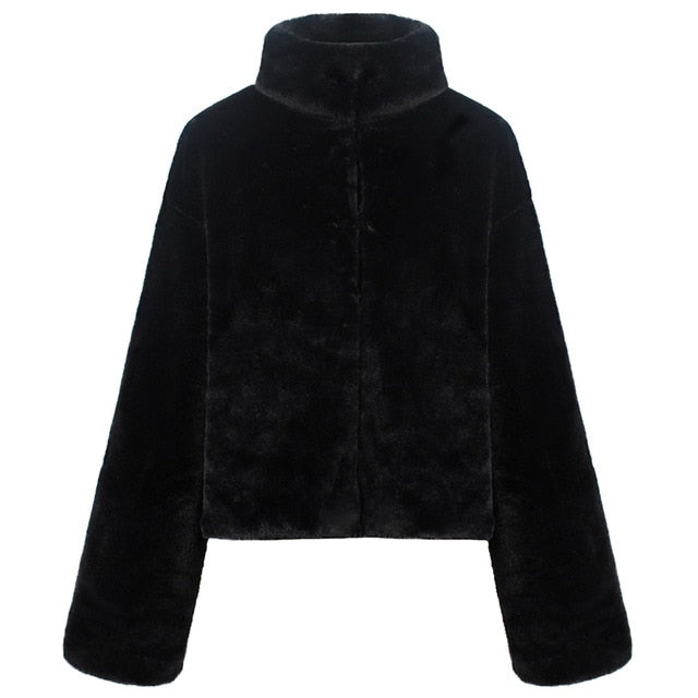 Fashion Women Winter Solid Color Fluffy Coat Stand Collar Long Sleeve Concealed Button Faux Fur Thick Short Jacket Streetwear