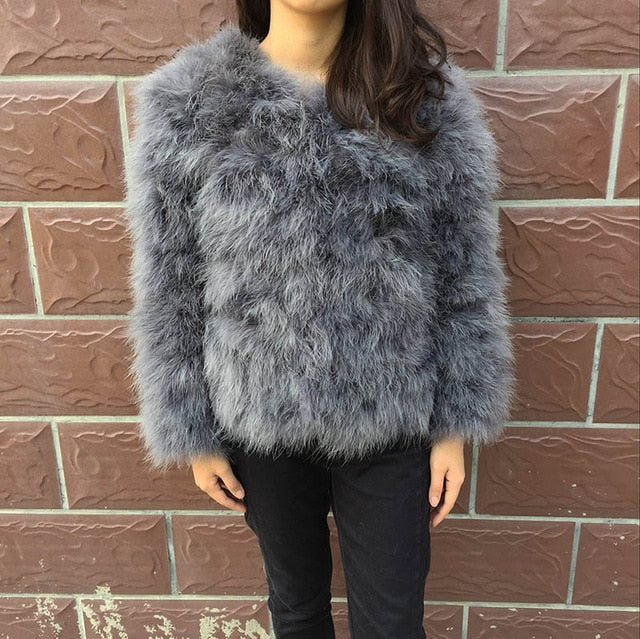 Women Fashion Fur Coats Winter Real Ostrich Fur Jackets Natural Turkey Feather Fluffy Outerwear Lady S1002