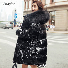 Load image into Gallery viewer, Fitaylor Real Natural Fur Patent Leather Winter Jacket Women Thicken Long Down Parka Hooded Female Duck Down Waterproof Coat