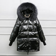 Load image into Gallery viewer, Fitaylor Real Natural Fur Patent Leather Winter Jacket Women Thicken Long Down Parka Hooded Female Duck Down Waterproof Coat