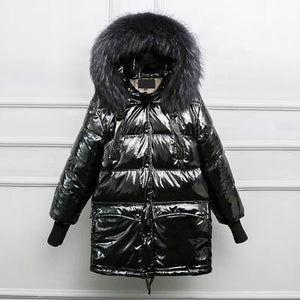 Fitaylor Real Natural Fur Patent Leather Winter Jacket Women Thicken Long Down Parka Hooded Female Duck Down Waterproof Coat