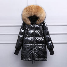 Load image into Gallery viewer, Fitaylor Real Natural Fur Patent Leather Winter Jacket Women Thicken Long Down Parka Hooded Female Duck Down Waterproof Coat