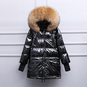 Fitaylor Real Natural Fur Patent Leather Winter Jacket Women Thicken Long Down Parka Hooded Female Duck Down Waterproof Coat