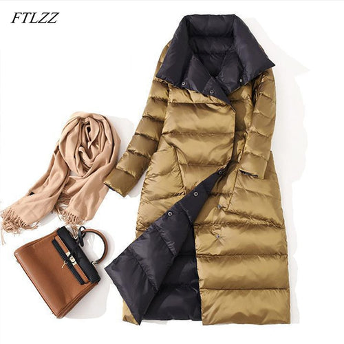 FTLZZ Ultra Light White Duck Down Jacket Women Winter Double Sided Slim Down Coat Single Breasted Warm Parkas Snow Outwear