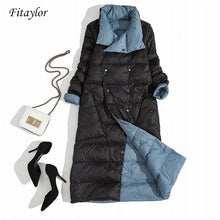 Load image into Gallery viewer, Fitaylor Women Double Sided Down Long Jacket Winter Turtleneck White Duck Down Coat Double Breasted Parkas Warm Snow Outwear