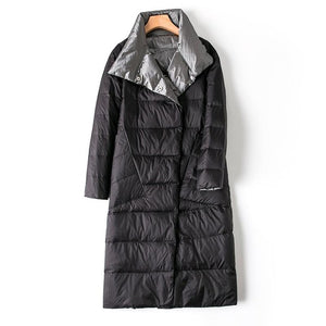 Fitaylor Women Double Sided Down Long Jacket Winter Turtleneck White Duck Down Coat Double Breasted Parkas Warm Snow Outwear