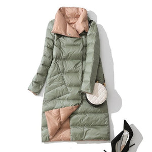 Fitaylor Women Double Sided Down Long Jacket Winter Turtleneck White Duck Down Coat Double Breasted Parkas Warm Snow Outwear