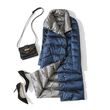 Load image into Gallery viewer, Fitaylor Women Double Sided Down Long Jacket Winter Turtleneck White Duck Down Coat Double Breasted Parkas Warm Snow Outwear