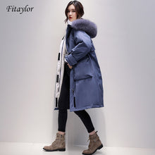 Load image into Gallery viewer, Fitaylor Large Real Fox Fur Collar Long Coat Winter Jacket Women 90% White Duck Down Thick Parkas Warm Sash Tie Up Snow Outwear