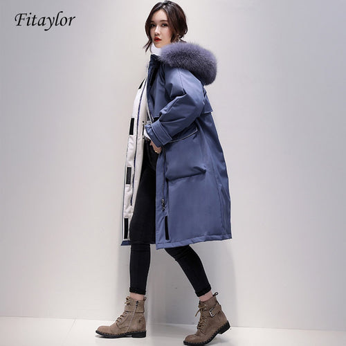 Fitaylor Large Real Fox Fur Collar Long Coat Winter Jacket Women 90% White Duck Down Thick Parkas Warm Sash Tie Up Snow Outwear