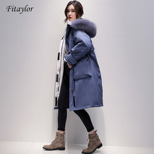 Fitaylor Large Real Fox Fur Collar Long Coat Winter Jacket Women 90% White Duck Down Thick Parkas Warm Sash Tie Up Snow Outwear
