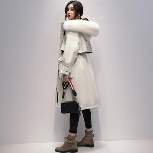 Fitaylor Large Real Fox Fur Collar Long Coat Winter Jacket Women 90% White Duck Down Thick Parkas Warm Sash Tie Up Snow Outwear