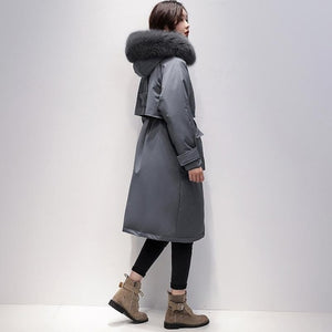Fitaylor Large Real Fox Fur Collar Long Coat Winter Jacket Women 90% White Duck Down Thick Parkas Warm Sash Tie Up Snow Outwear