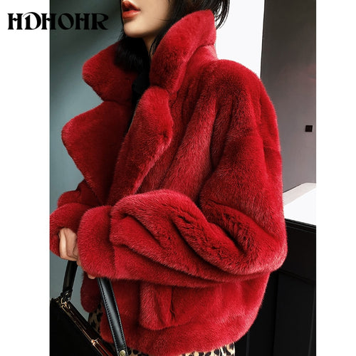 HDHOHR 2019 New 100% Real Mink Fur Coat Women Fashion Essential Natural Mink Fur Coat Short Christmas Red Outerwear Jacket