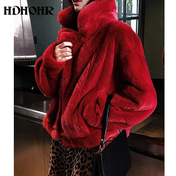 HDHOHR 2019 New 100% Real Mink Fur Coat Women Fashion Essential Natural Mink Fur Coat Short Christmas Red Outerwear Jacket