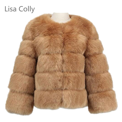 Lisa Colly New High Imitation Long Sleeves Short Fox Fur Coat Jacket Warm Winter Coat Outwear Faux Fur Coat Overcoat Furs coat
