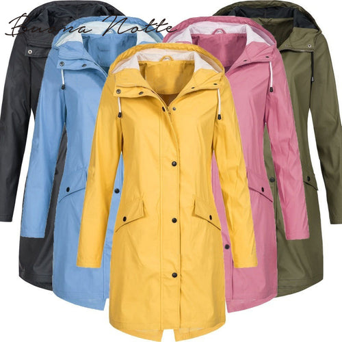 Women Fashion Long Sleeve Hooded Raincoat Windbreaker Hiking Ladies Casual Solid Color Outdoor Waterproof Trench Coats