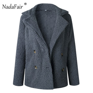 Nadafair Casual Teddy Coat Winter Fleece Plus Size Warm Thick Faux Fur Jacket Coat Women Pockets Plush Overcoat Outwear