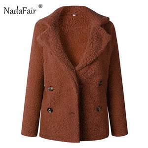 Nadafair Casual Teddy Coat Winter Fleece Plus Size Warm Thick Faux Fur Jacket Coat Women Pockets Plush Overcoat Outwear