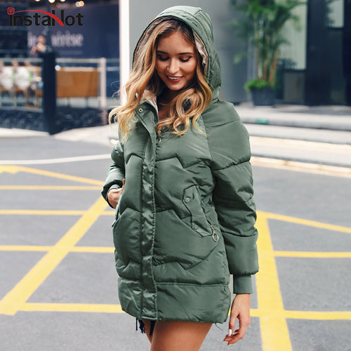 InstaHot Padded Basic Jacket Coat Women Warm Winter Green Black Parkas Jackets Female Hoodies Casual Outerwear Thick Coat