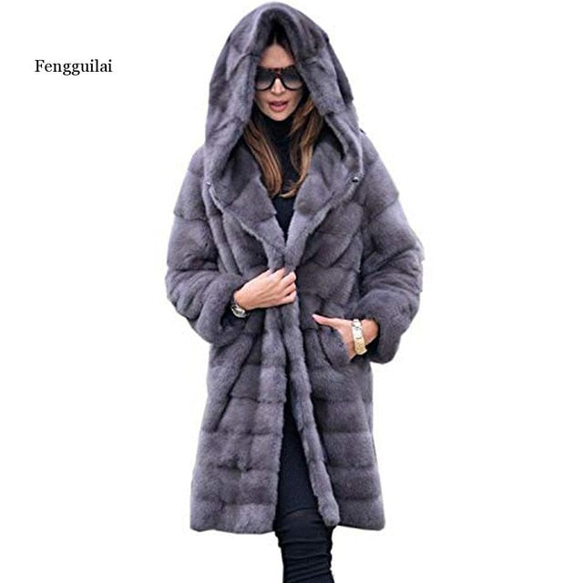 New Fashion Real Mink Fur Winter Coat For Women With Hoods Nature Full Pelt Fur Luxury Jackets Black Overcoat Trench