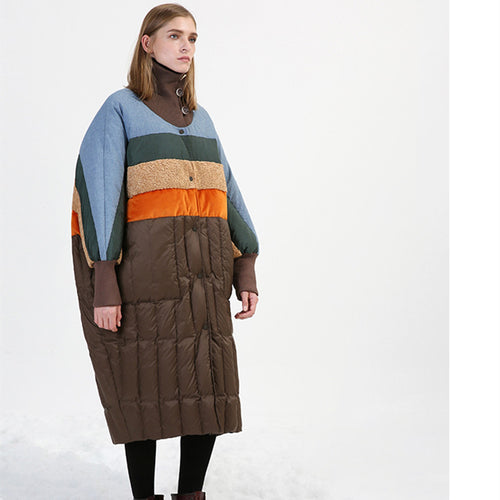 Original Design Women Winter  Turtleneck Batwing Sleeve Multi Colored Patchwork Oversized Ultra Long White Duck Down Jacket