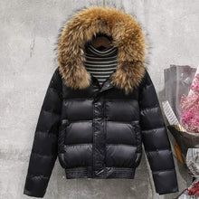 Load image into Gallery viewer, FTLZZ Winter Real Raccoon Fur Down Jacket Women Hooded Slim White Duck Down Short Parkas Coat Female Black Khaki Snow Outwear